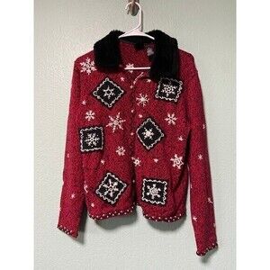 Vintage Erika‎ Women’s Red and Black Button Snowflake Sweater Medium
